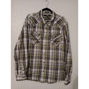 Carbon Button-up Shirt Men's XXL Black Gray Yellow White Plaid Long Sleeved